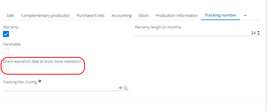 1.2. The checkbox Check Expiration at Stock Move realization is used to verify the fact that the product has not expired before it is dispatched to the customer.